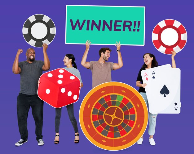 happy diverse people holding casino icons