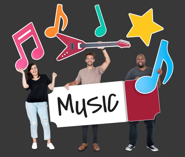 happy diverse people holding music icons