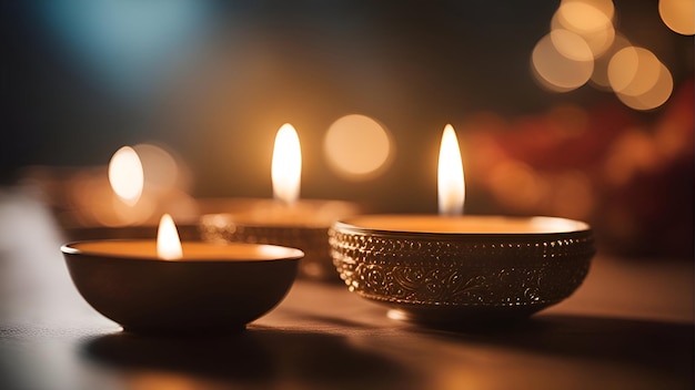 Free photo happy diwali clay diya lamps lit during diwali celebration