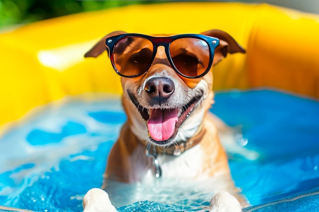 Free photo happy dog with sunglasses and floating ring