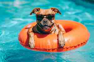 Free photo happy dog with sunglasses and floating ring