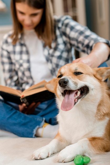Happy dog and woman reading book on couch