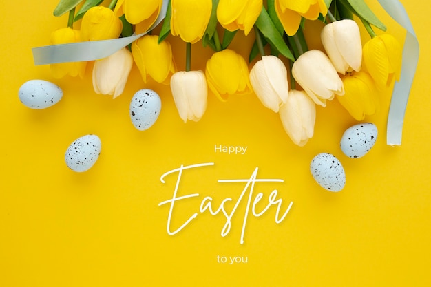 Счастливой пасхи фон с яйцами и тюльпанами и надписями