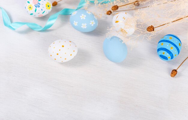 Happy easter Day Easter eggs on wooden background Greetings and presents for Easter Day celebrate