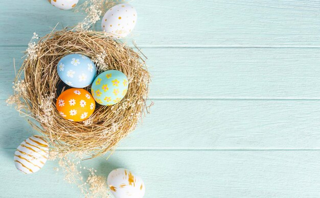 Happy easter Day Easter eggs on wooden background