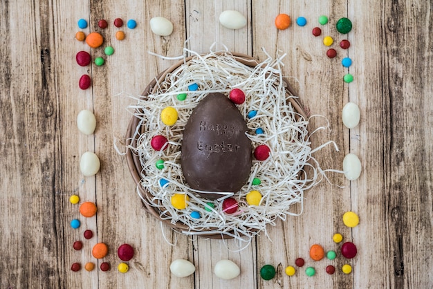 Happy Easter inscription on chocolate egg 