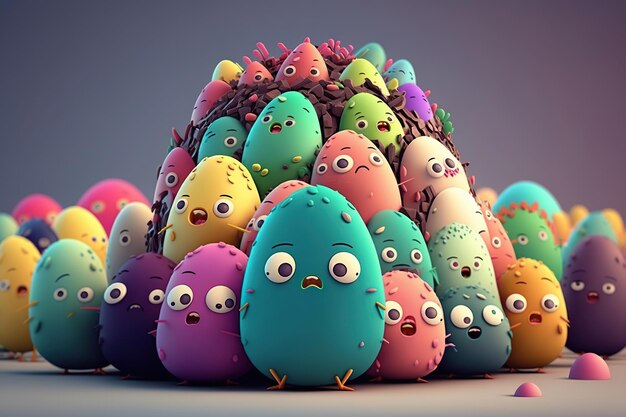 Happy Easter with many colorful cute easter eggs Generative AI