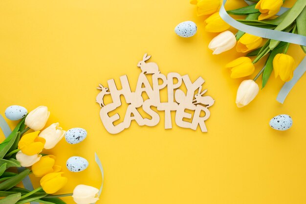 Happy Easter wooden sign with eggs and flowers