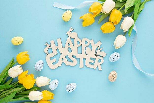 Happy Easter wooden sign with eggs and flowers