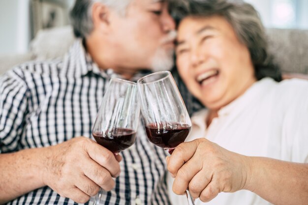 Felice donna anziana e suo marito bere vino e felicità