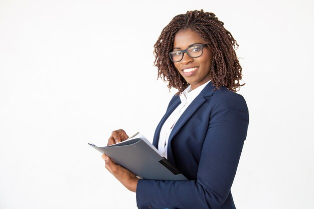 Happy expert checking documents