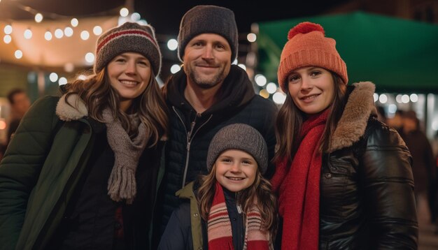 A happy family embraces while ice skating outdoors generated by AI