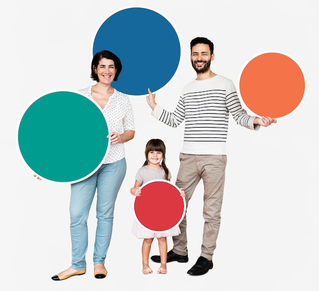 Happy family holding round colorful boards