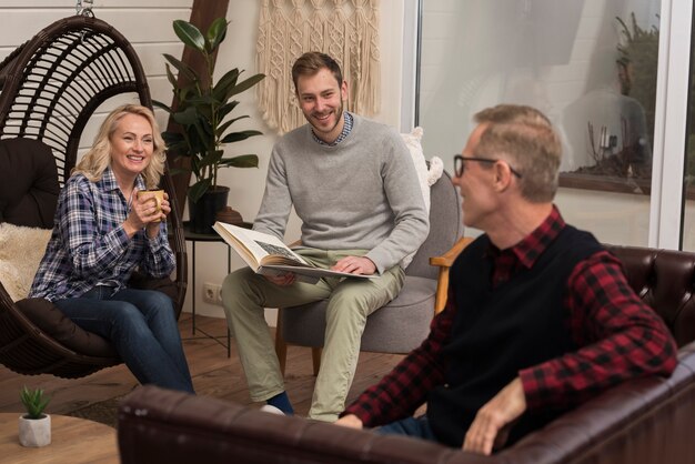 Happy family at home smiling