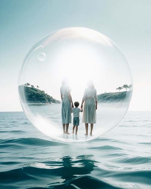 Бесплатное фото Счастливая семья внутри пузыря над морем
