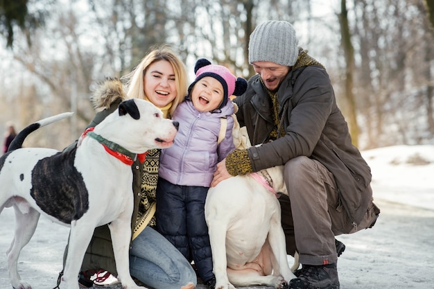 Happy family of mom, dad and little daughter pose with american bulldogs in the park