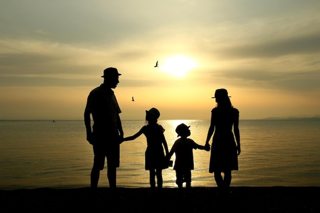 Happy family silhouette at sunset by the sea