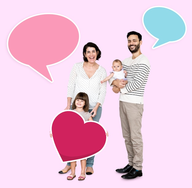 Happy family surrounded by speech bubbles