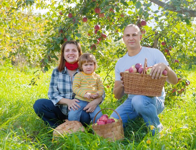Счастливая семья с урожаем яблока