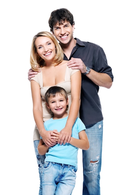 Happy family with child posing on white background