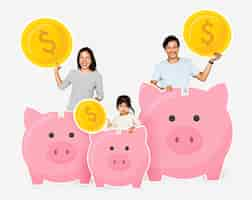 Free photo happy family with savings in piggy banks