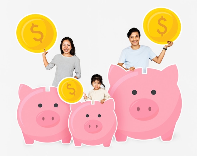 Free Photo happy family with savings in piggy banks