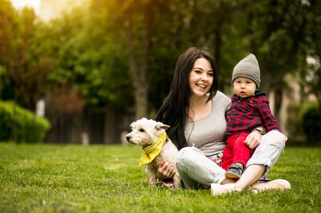 happy family young walking mother