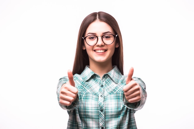 Free photo happy female college student showing thumbs up on white