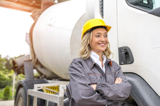 Happy female construction worker standing in front of a truck with folded arms