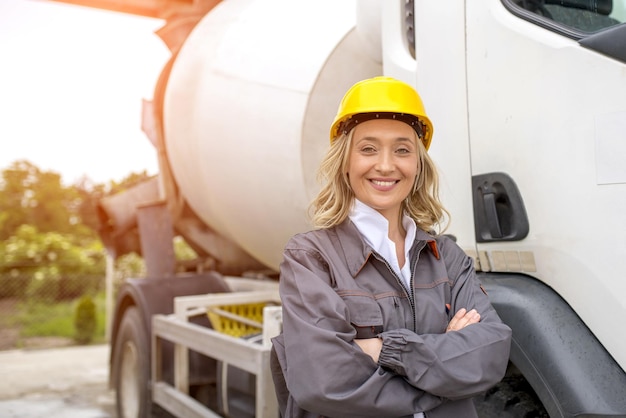 Happy female construction worker with folded arms standing near a truck under the sunlight