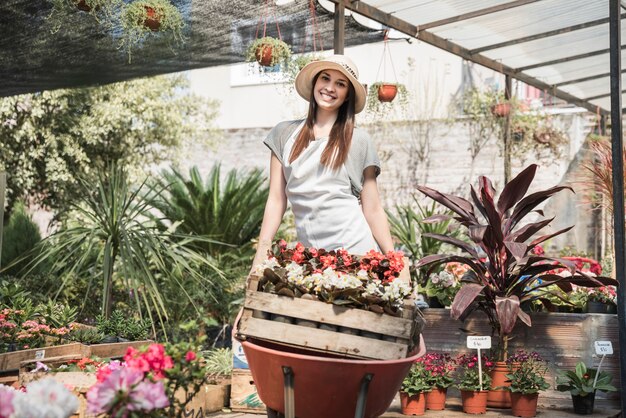 Happy female gardener carrying crate of flowers in wheelbarrow