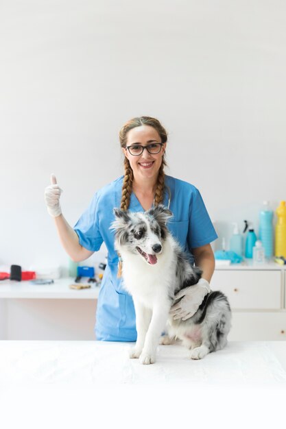 サムスンサインを示すテーブルに犬と幸せな女性の獣医