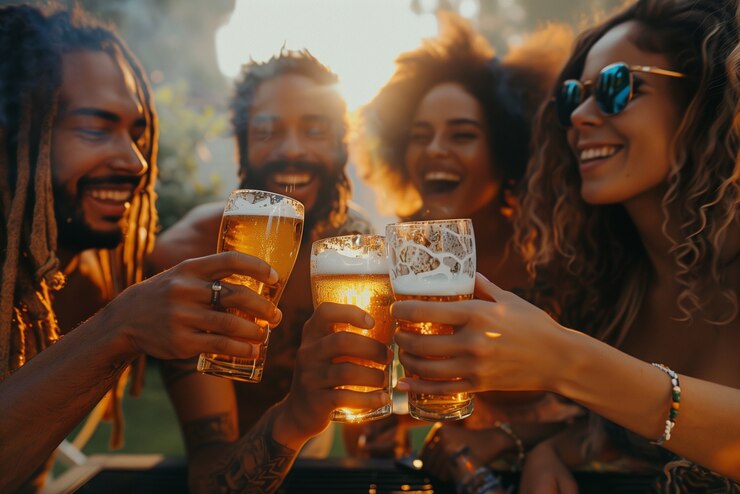 Free Photo happy friends toasting with beer