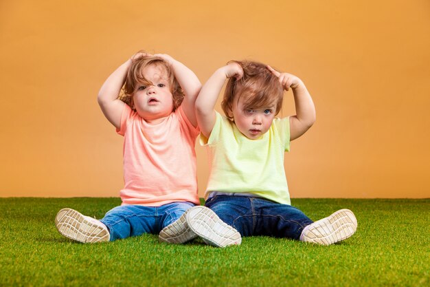 Happy funny girl twins sisters playing and laughing