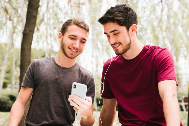 Happy gay couple in earphones listening to music on mobile in park