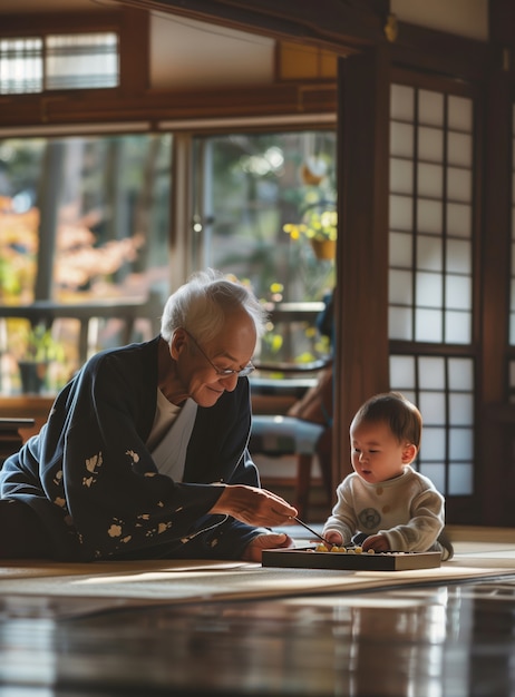 祖父母の日を祝う幸せな祖父母と孫のシーン