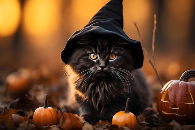 ハッピーハロウィーンの黒猫の写真撮影