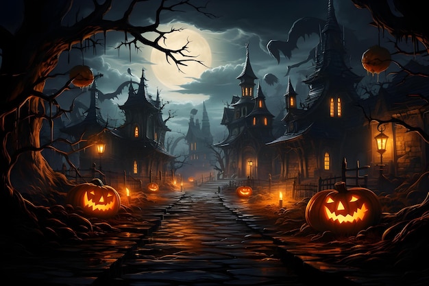 Free photo happy halloween mansion and scary pumpkins background