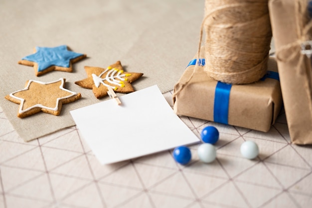 Happy hanukkah traditional festival gifts and cookies