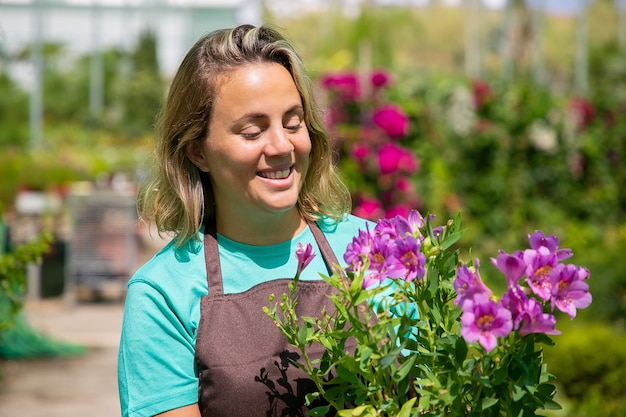 Happy inspired female florist standing in greenhouse, holding potted plant, looking at purple flowers and smiling. Professional portrait, copy space. Gardening job or botany concept.