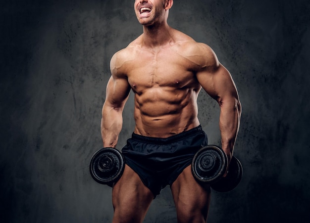 Free photo happy joyful bodybuilder is doing exercises with barbels and showing his muscules on the dark background.