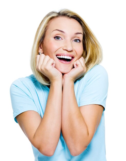 Happy laughing woman portrait isolated on white