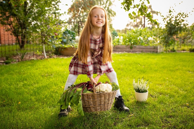 リンゴを集める幸せな少女、屋外の庭で季節の食べ物