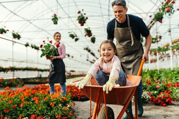 Happy little girl having fun while father in pushing her in wheelbarrow at plant nursery Mother is working in the background