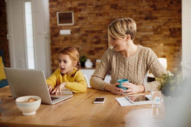 Happy little girl using laptop while relaxing at home with her mother