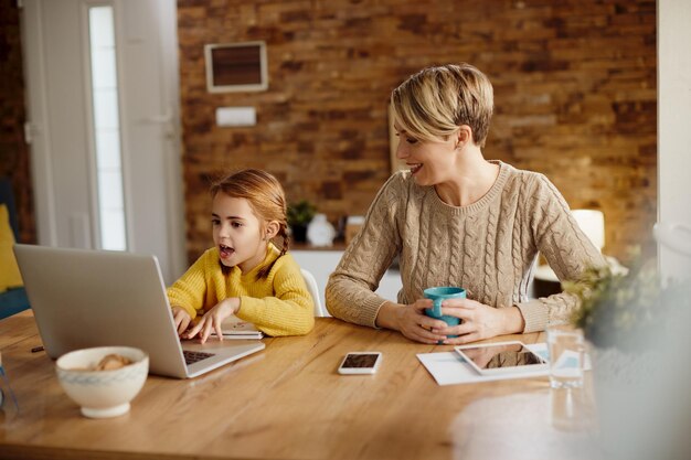 Happy little girl using laptop while relaxing at home with her mother