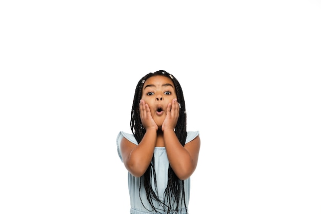 Happy longhair brunette little girl isolated on white  background with copyspace