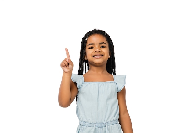 Happy longhair brunette little girl isolated on white  background with copyspace