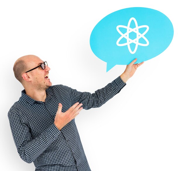 Happy man holding atomic symbol