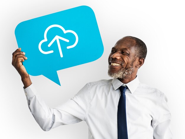 Happy man holding cloud computing symbol